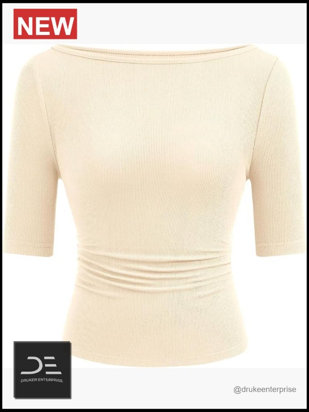 Boat Neck Ribbed Knit Slim Fit T-Shirt Ruched Detail Casual Top